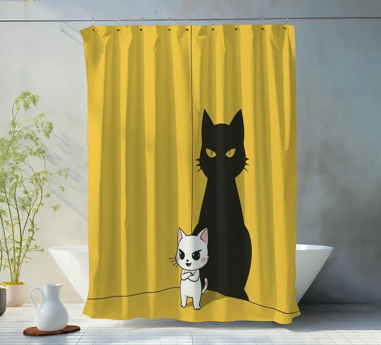 Chat blanc avec ombre noire dans un coin jaune rideau de douche de DesignDoodle