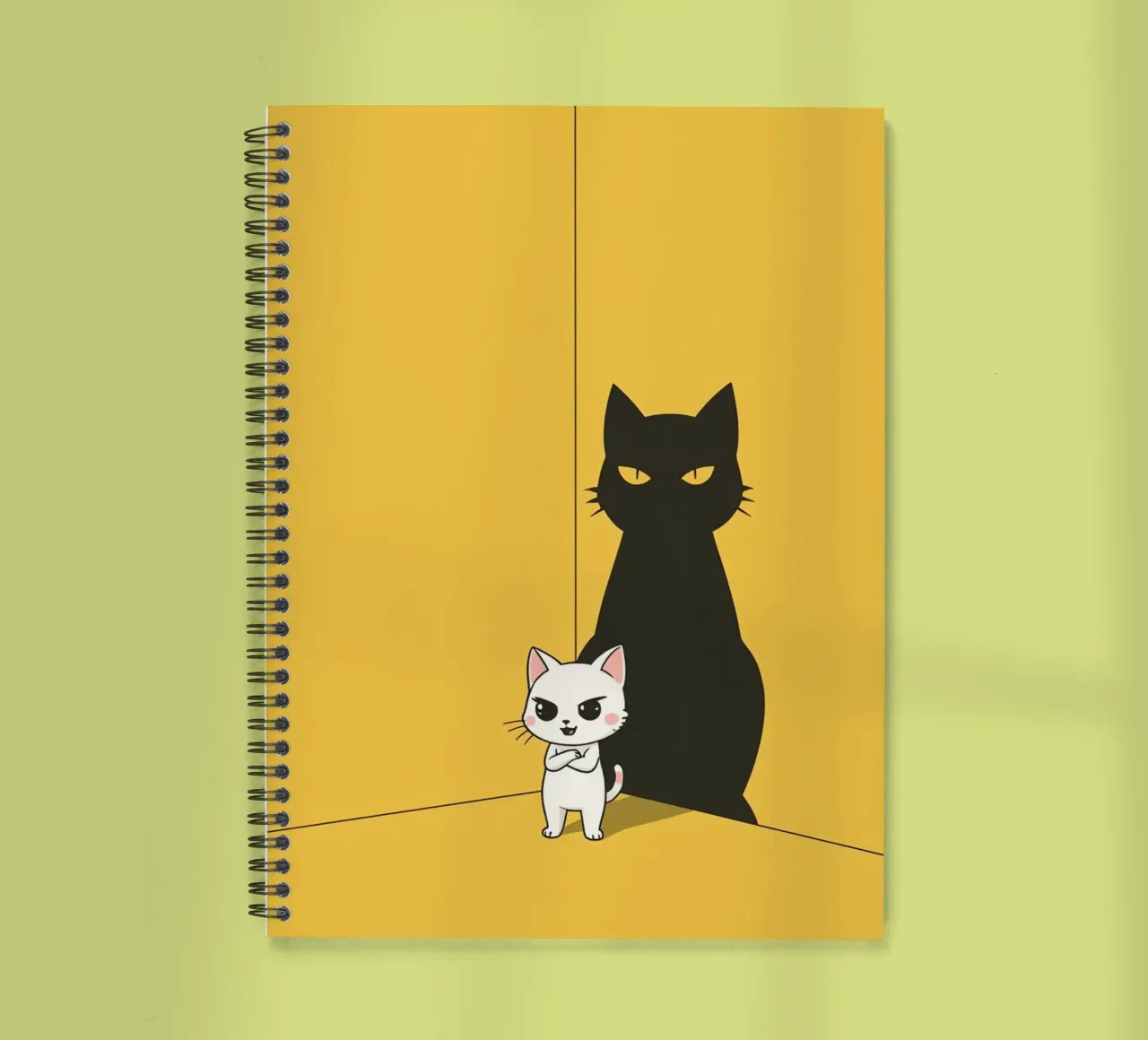 Chat blanc avec ombre noire dans un coin jaune carnet à spirale de DesignDoodle