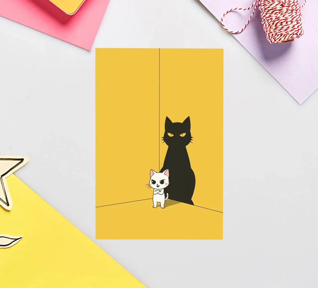 Chat blanc avec ombre noire dans un coin jaune autocollant de DesignDoodle