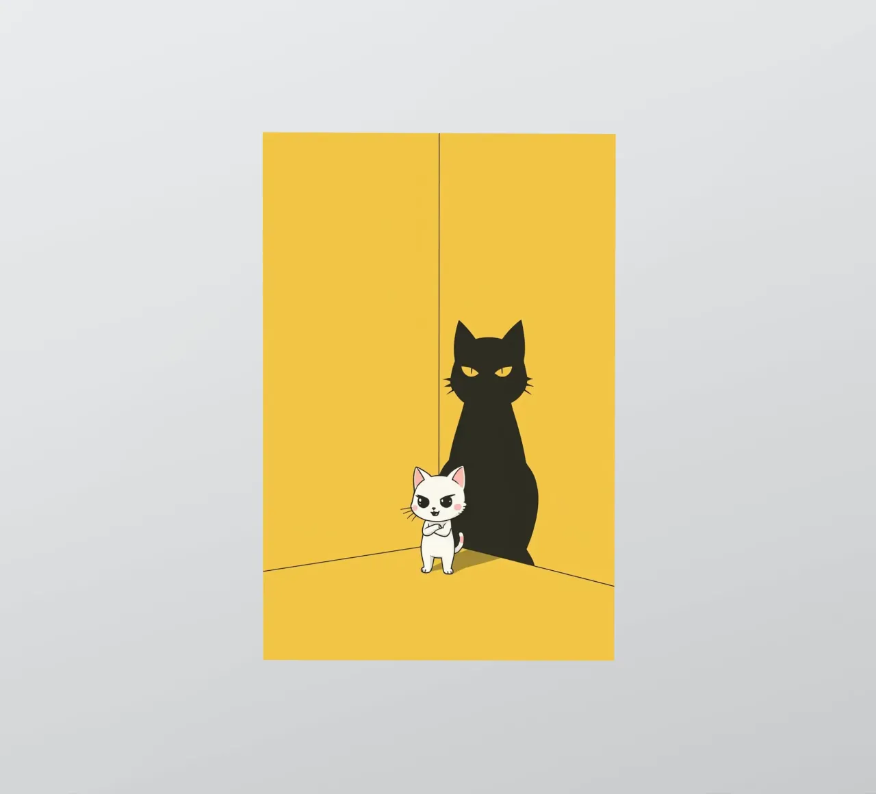 Chat blanc avec ombre noire dans un coin jaune autocollant de DesignDoodle