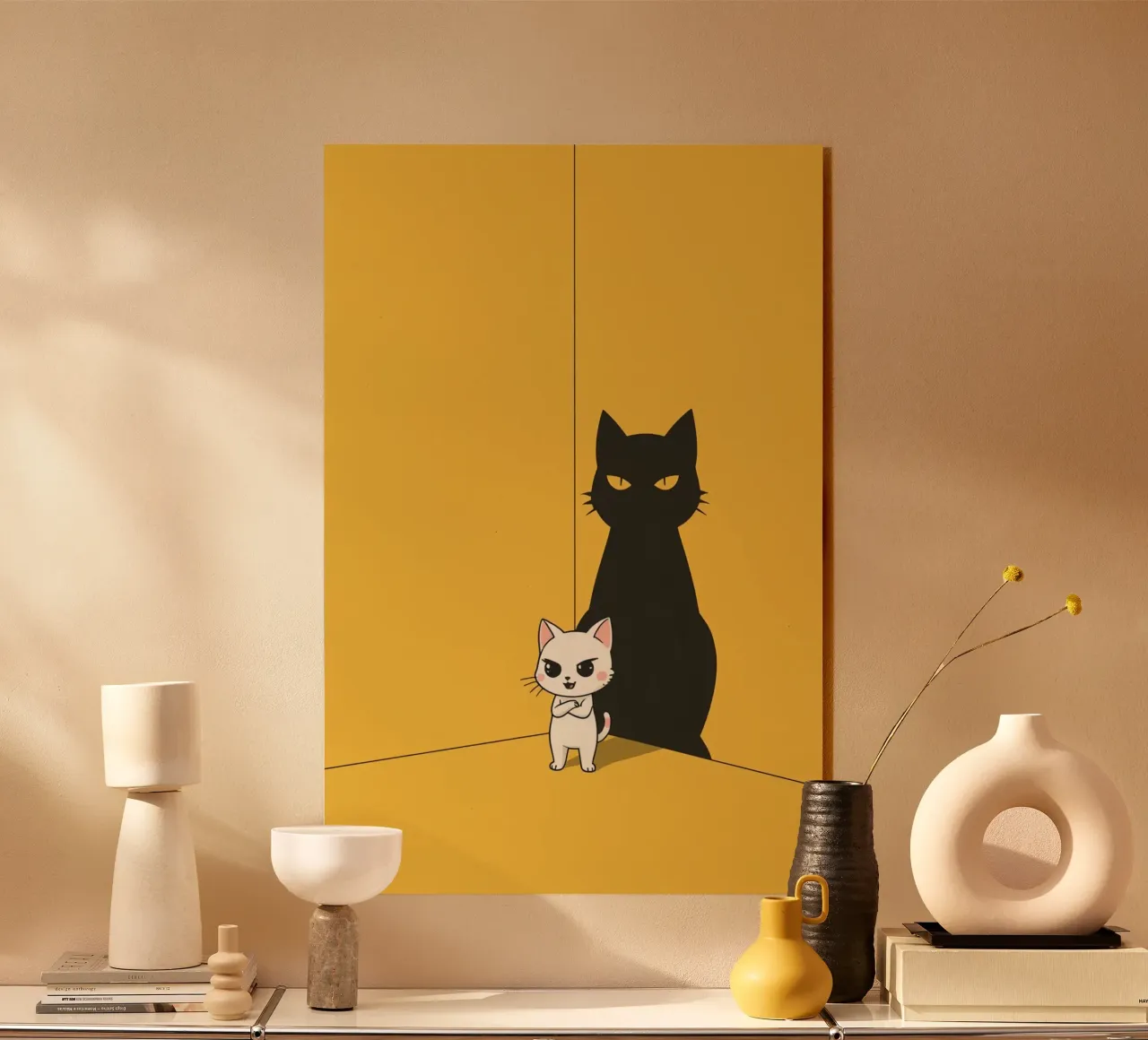 Chat blanc avec ombre noire dans un coin jaune plexiglas de DesignDoodle