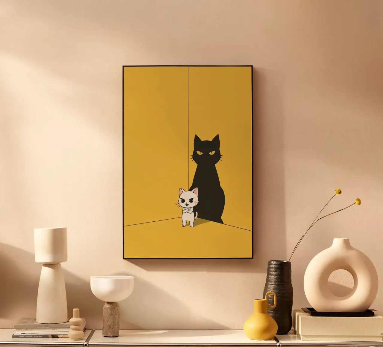 Chat blanc avec ombre noire dans un coin jaune alu dibond de DesignDoodle