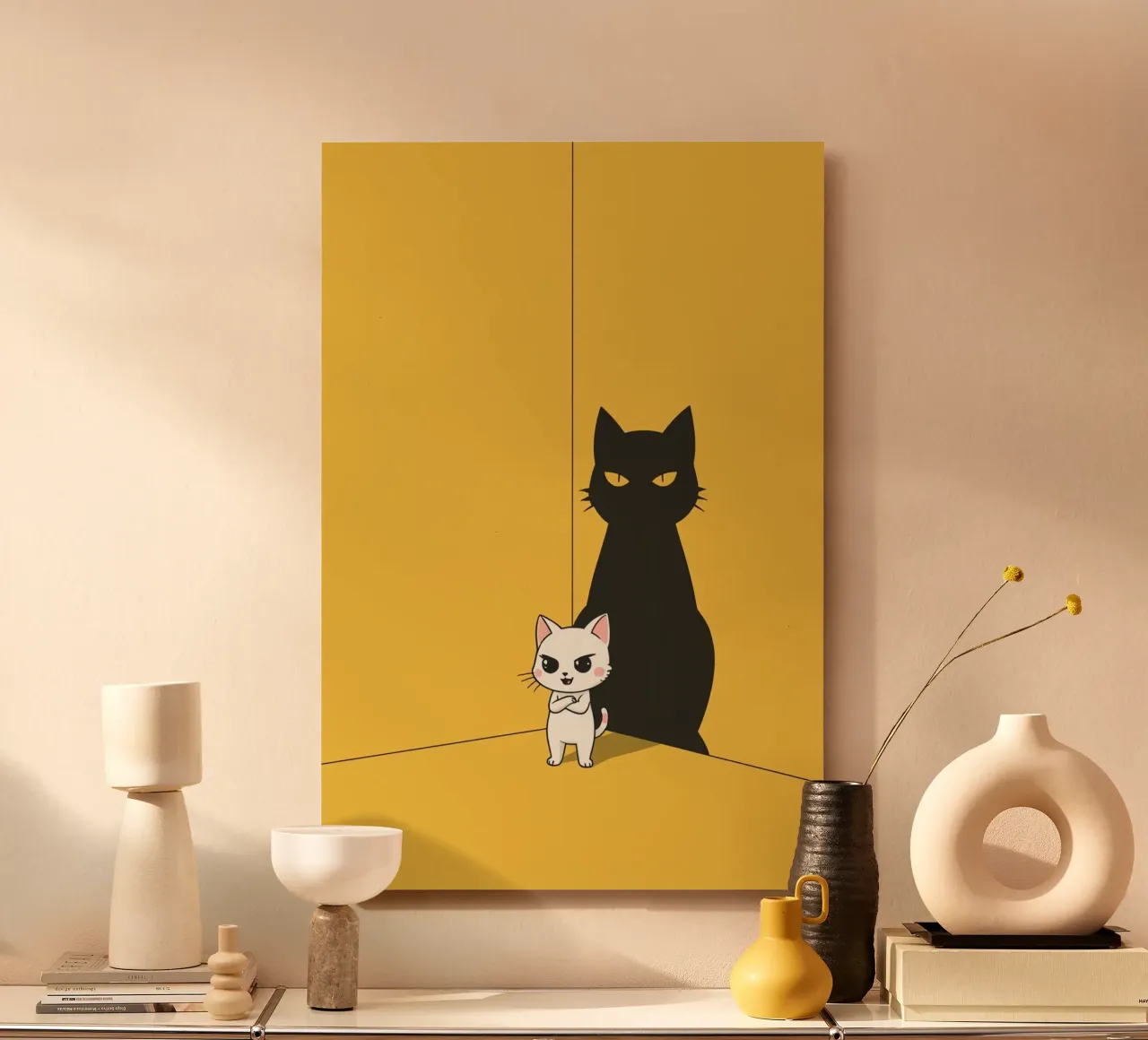 Chat blanc avec ombre noire dans un coin jaune alu dibond de DesignDoodle
