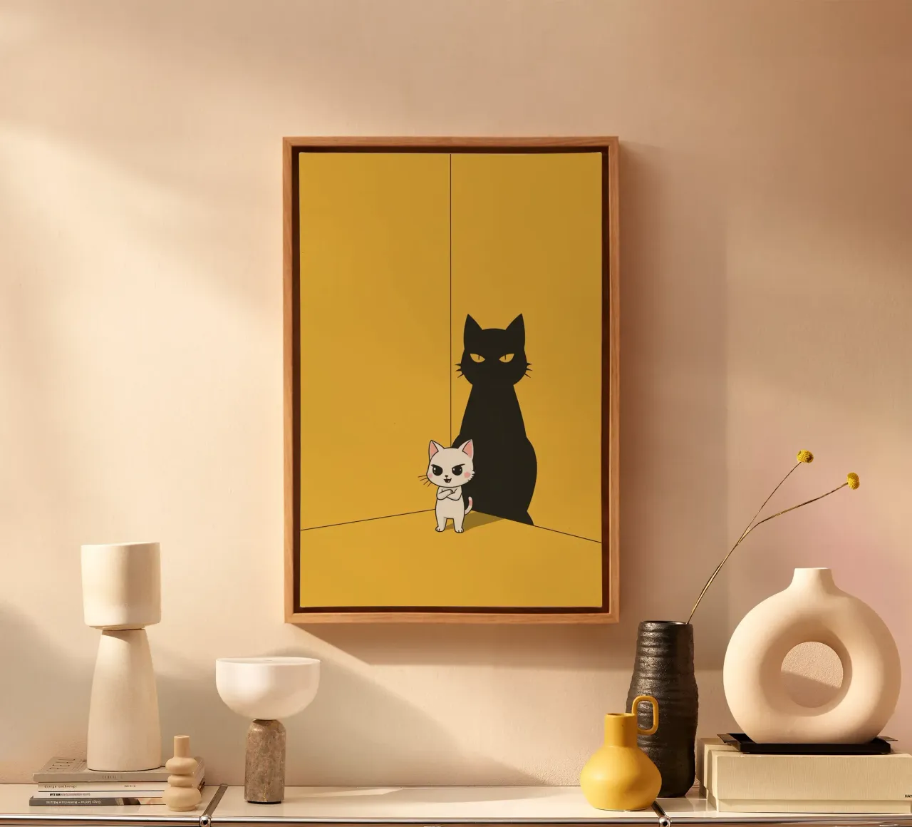 Chat blanc avec ombre noire dans un coin jaune toile de DesignDoodle