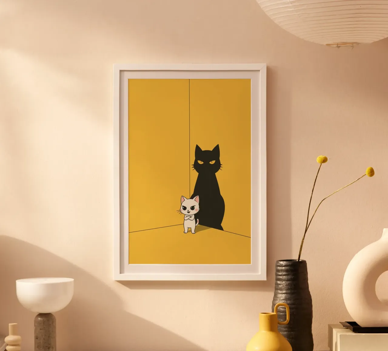 Chat blanc avec ombre noire dans un coin jaune poster de DesignDoodle