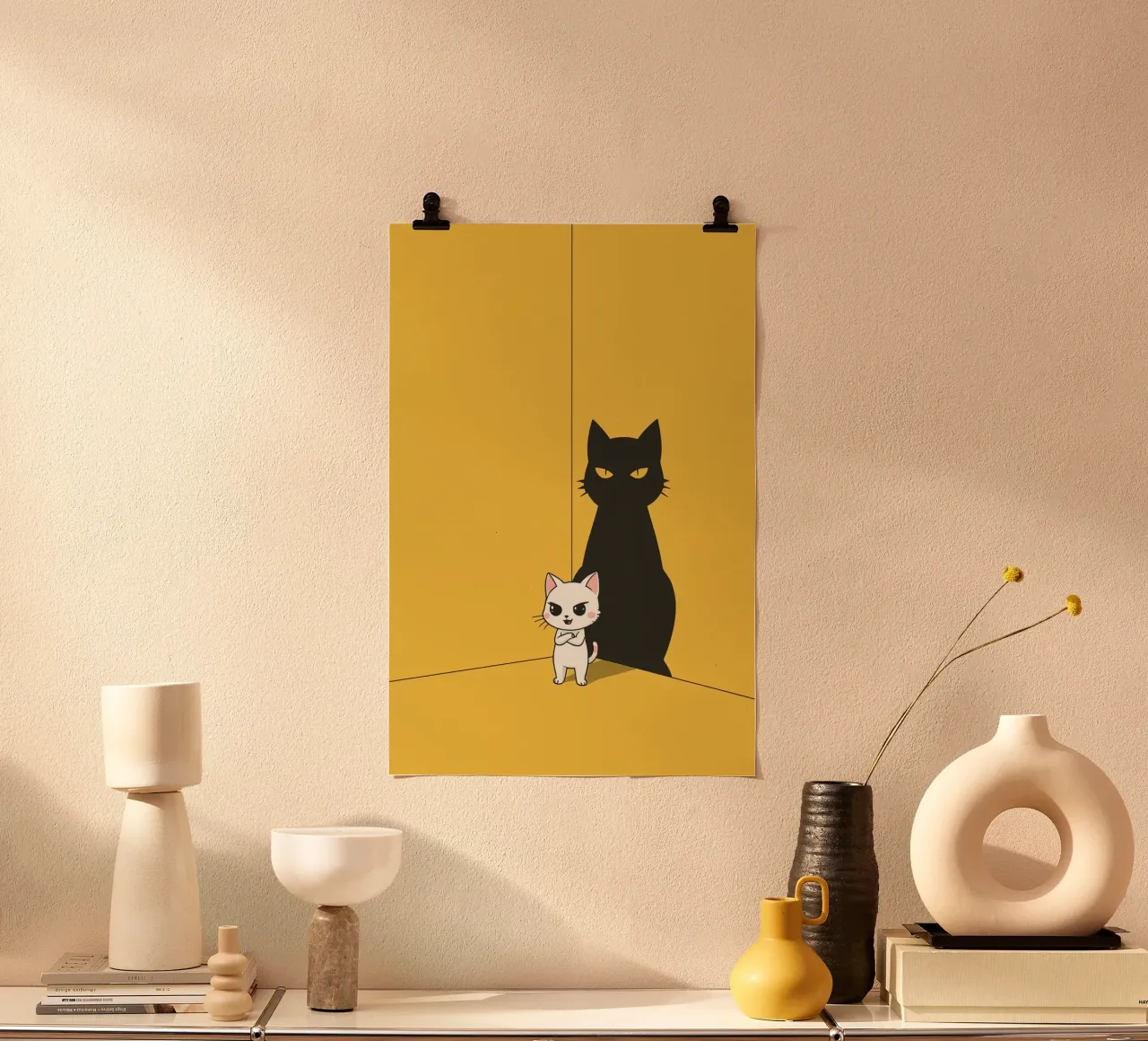 Chat blanc avec ombre noire dans un coin jaune poster de DesignDoodle