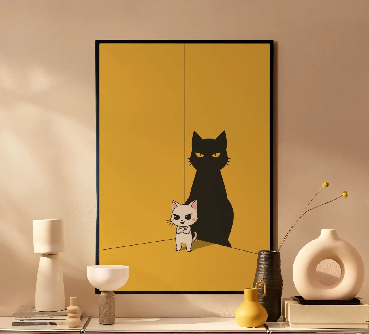 Chat blanc avec ombre noire dans un coin jaune poster de DesignDoodle
