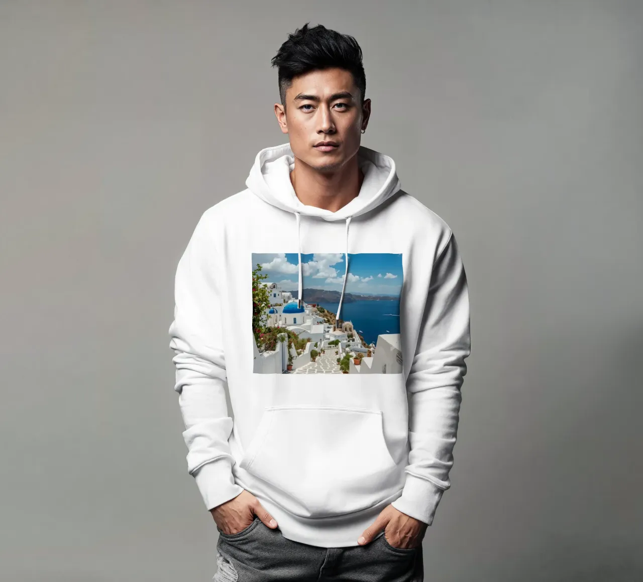 Edificios encalados y camino de piedra en Santorini sudadera con capucha de DesignDoodle