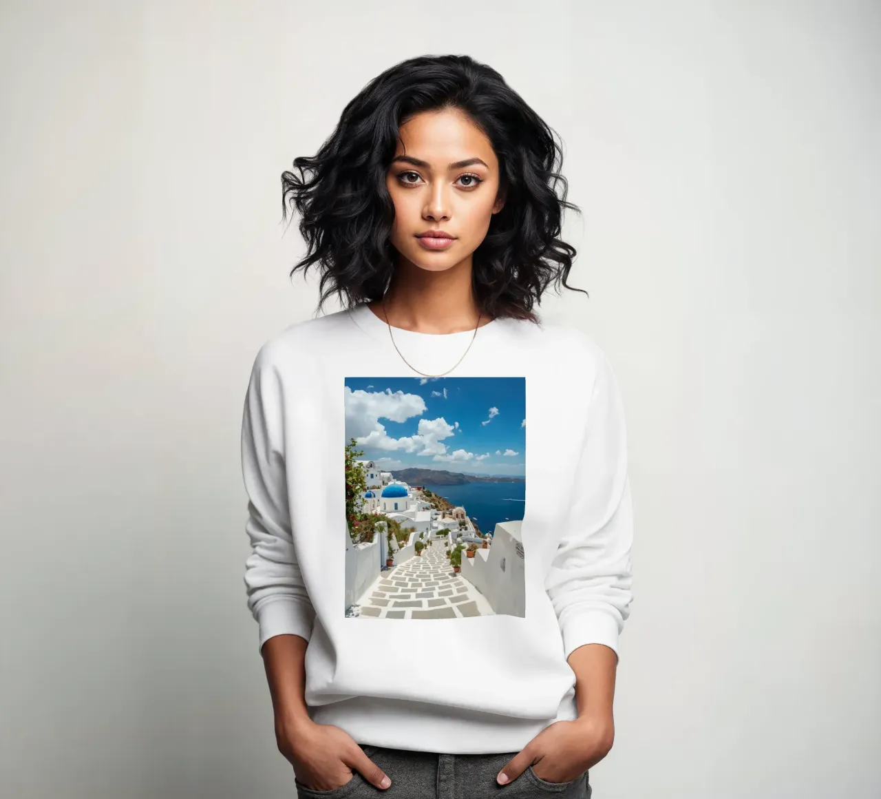 Whitewashed Buildings and Stone Pathway in Santorini sweatshirt by DesignDoodle