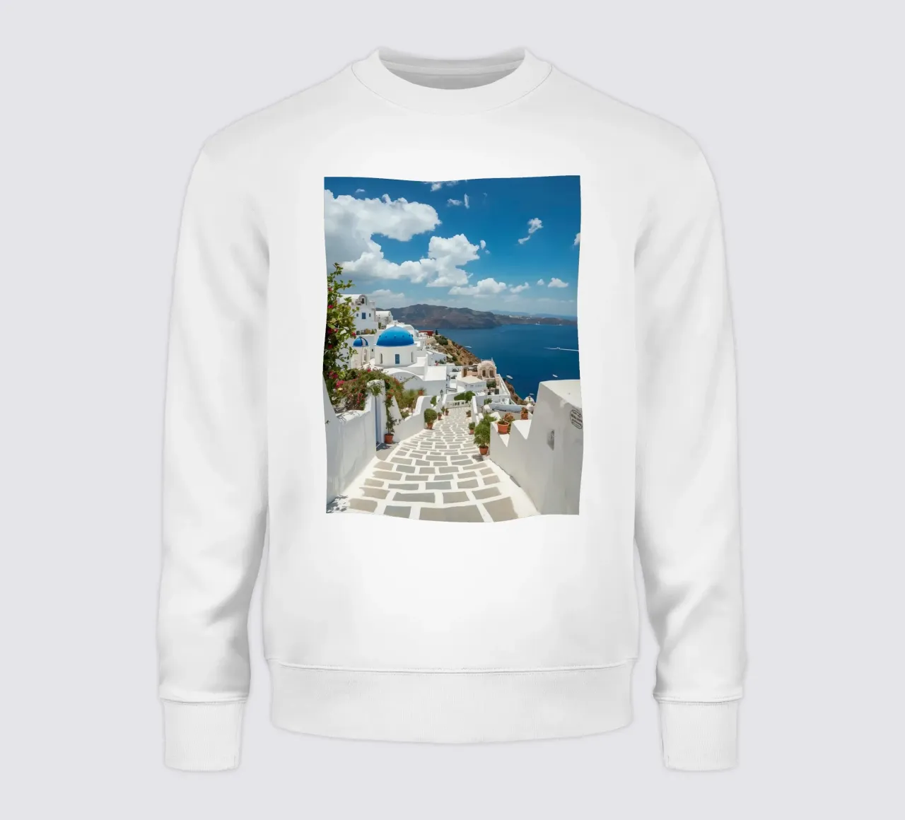 Whitewashed Buildings and Stone Pathway in Santorini sweatshirt by DesignDoodle