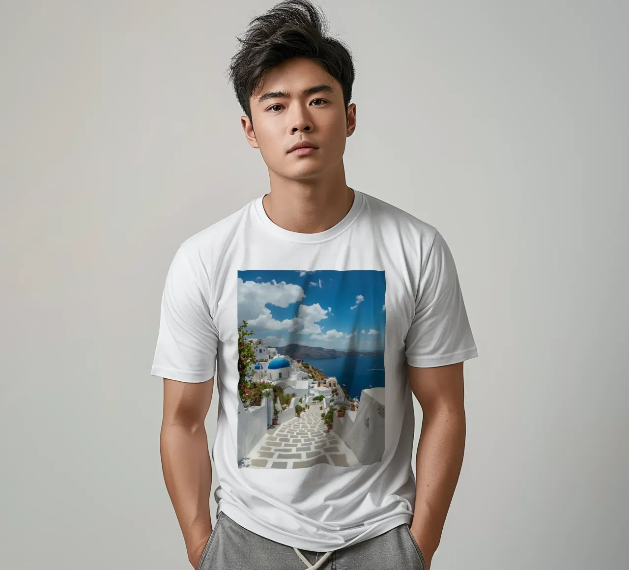Weiß getünchte Gebäude und Steinpfade auf Santorin T-Shirt von DesignDoodle