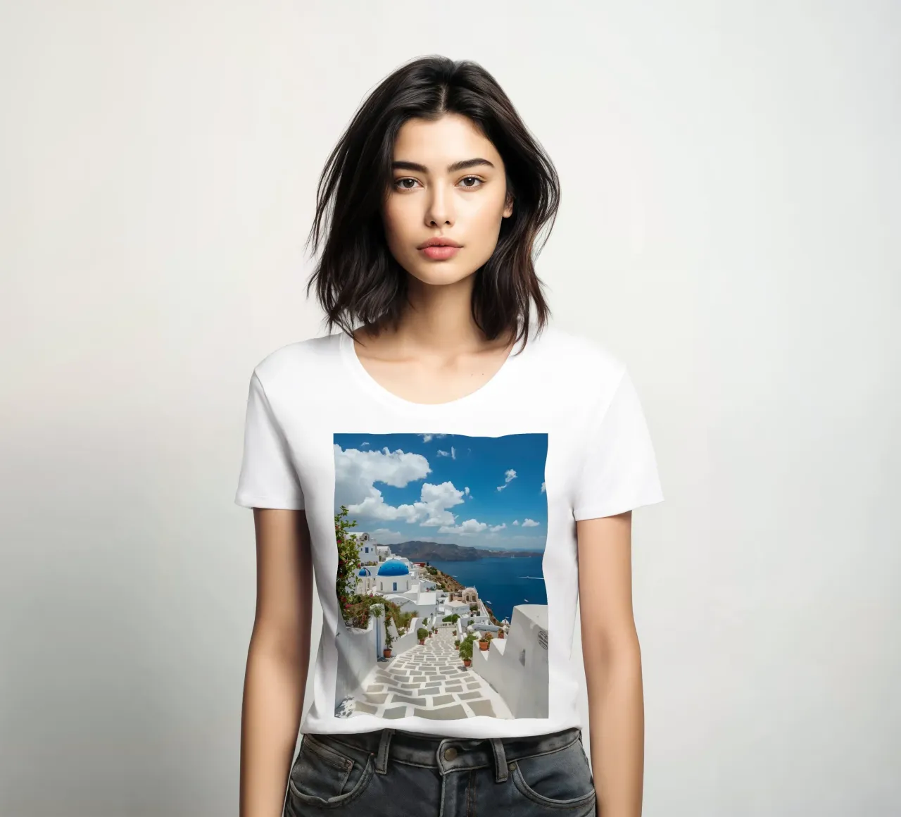 Whitewashed Buildings and Stone Pathway in Santorini women's fitted t-shirt by DesignDoodle