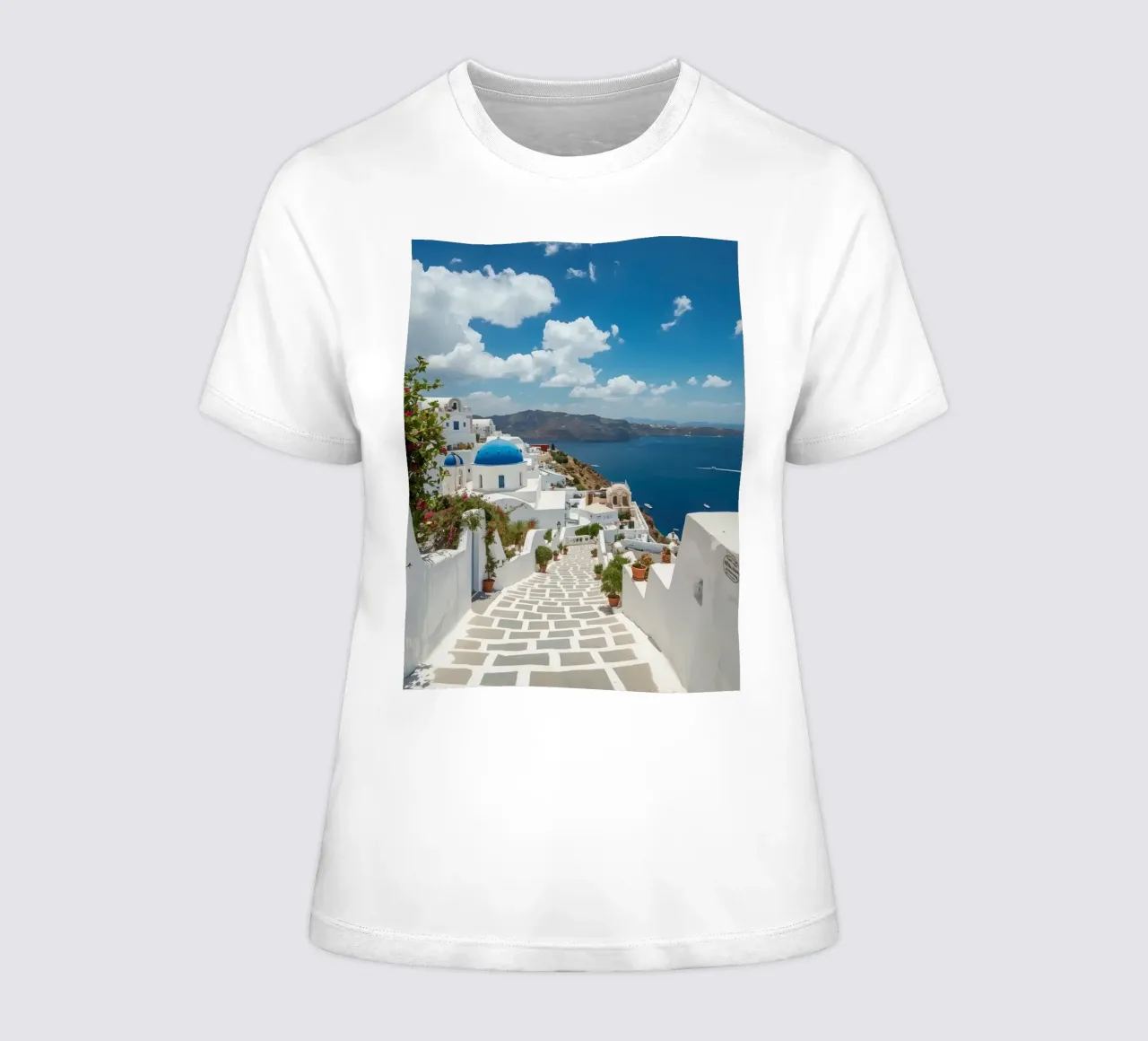 Whitewashed Buildings and Stone Pathway in Santorini women's fitted t-shirt by DesignDoodle