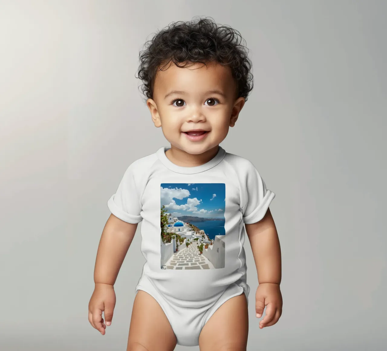 Whitewashed Buildings and Stone Pathway in Santorini short-sleeve baby romper by DesignDoodle