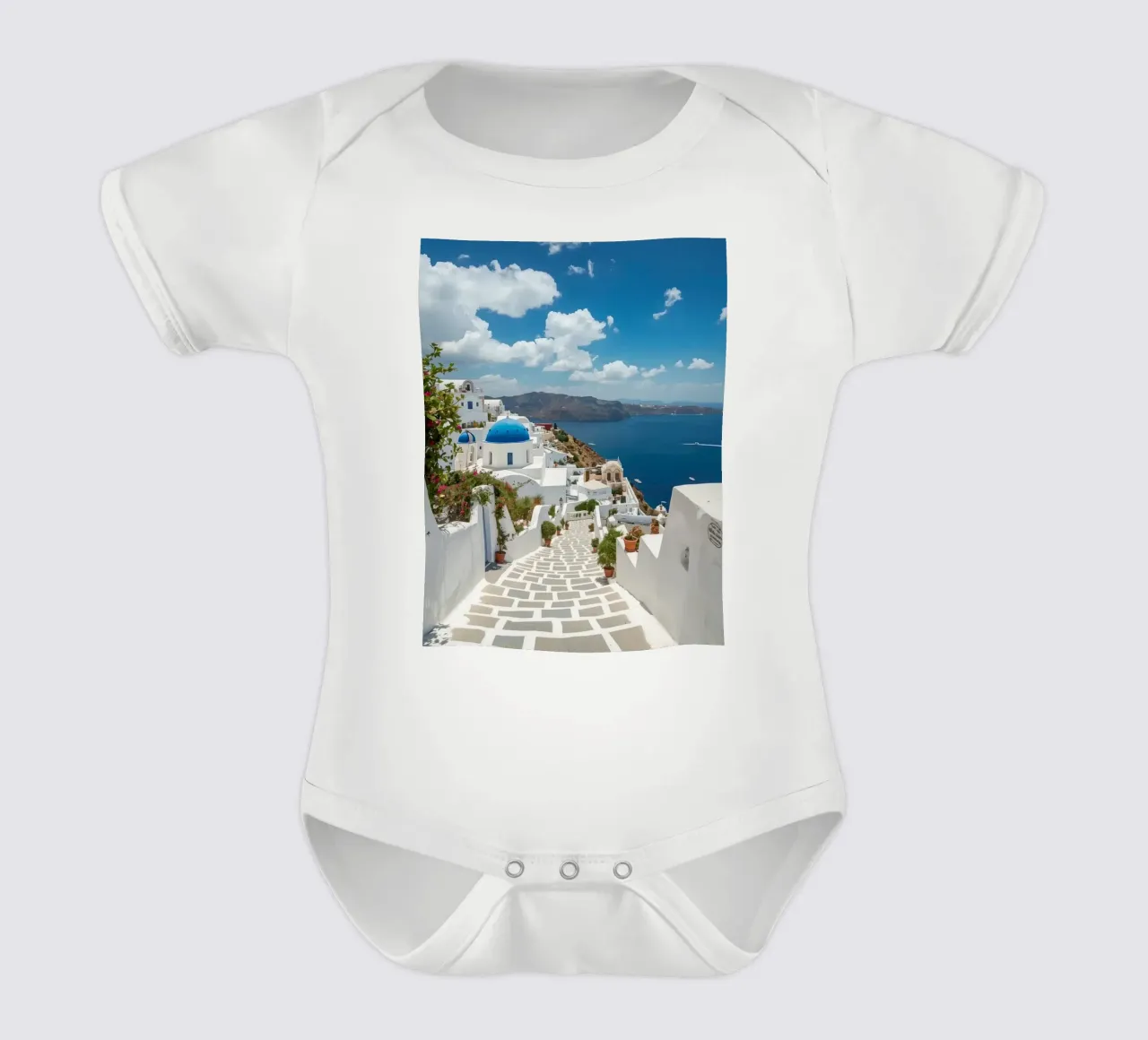 Whitewashed Buildings and Stone Pathway in Santorini short-sleeve baby romper by DesignDoodle