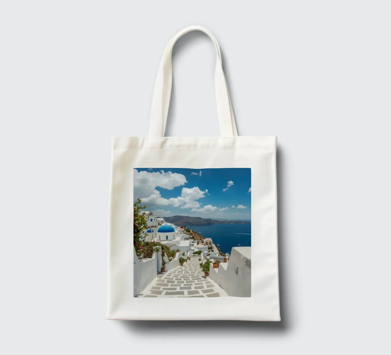 Whitewashed Buildings and Stone Pathway in Santorini tote bag by DesignDoodle