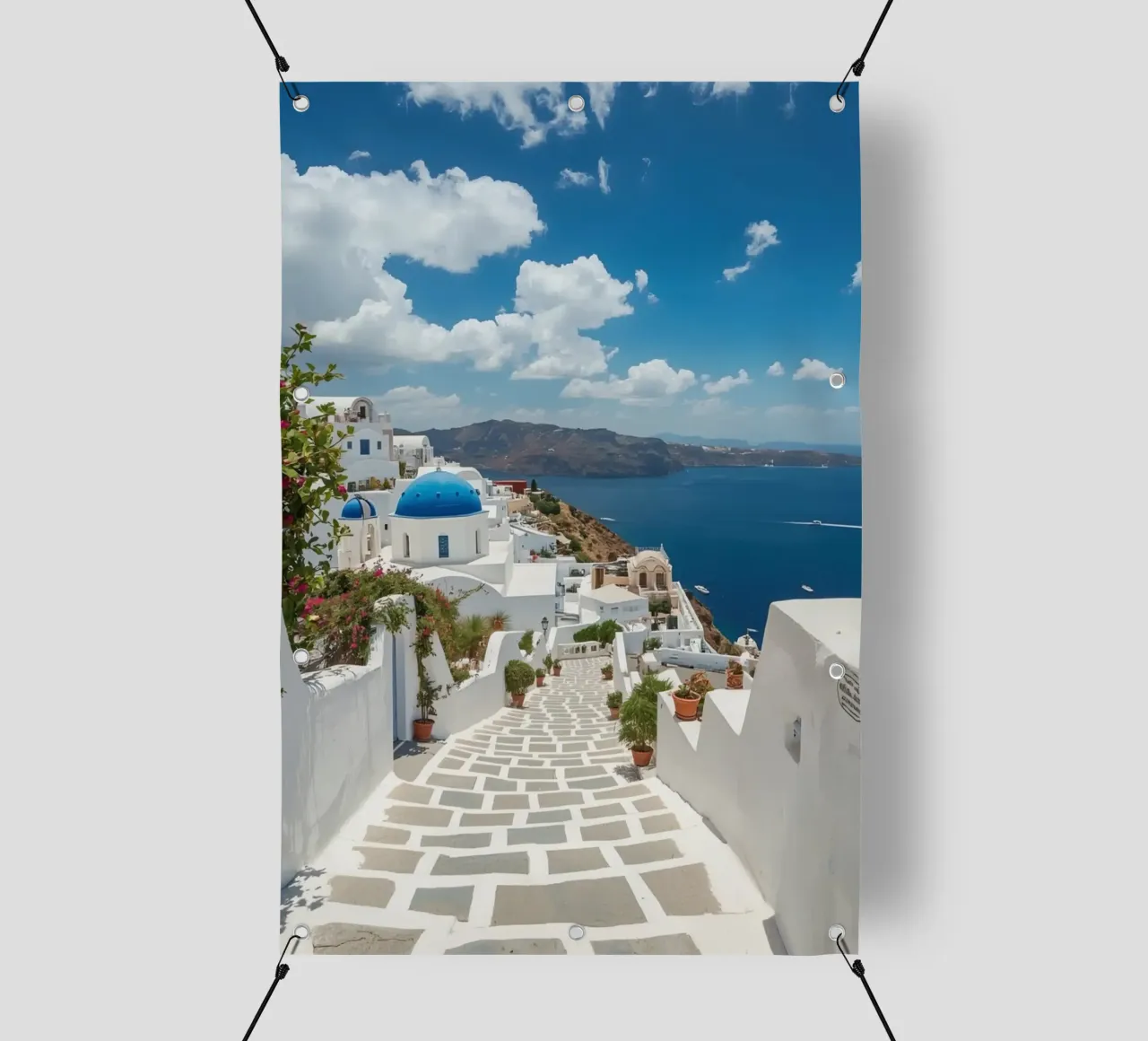 Edifici imbiancati e sentiero di pietra a Santorini telo in pvc da DesignDoodle