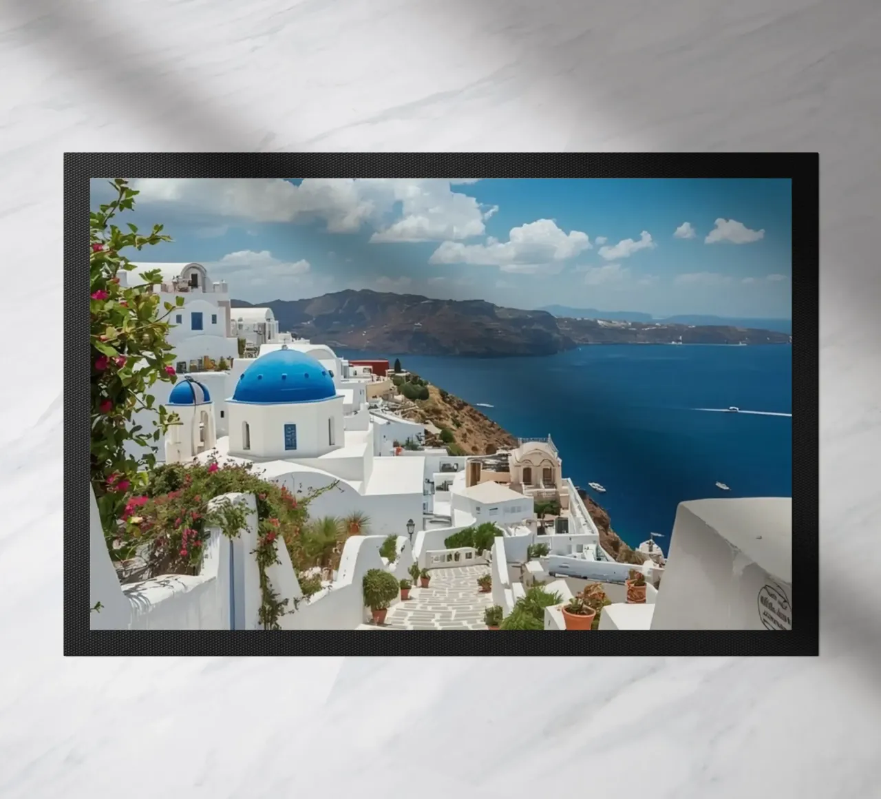 Whitewashed Buildings and Stone Pathway in Santorini doormat by DesignDoodle