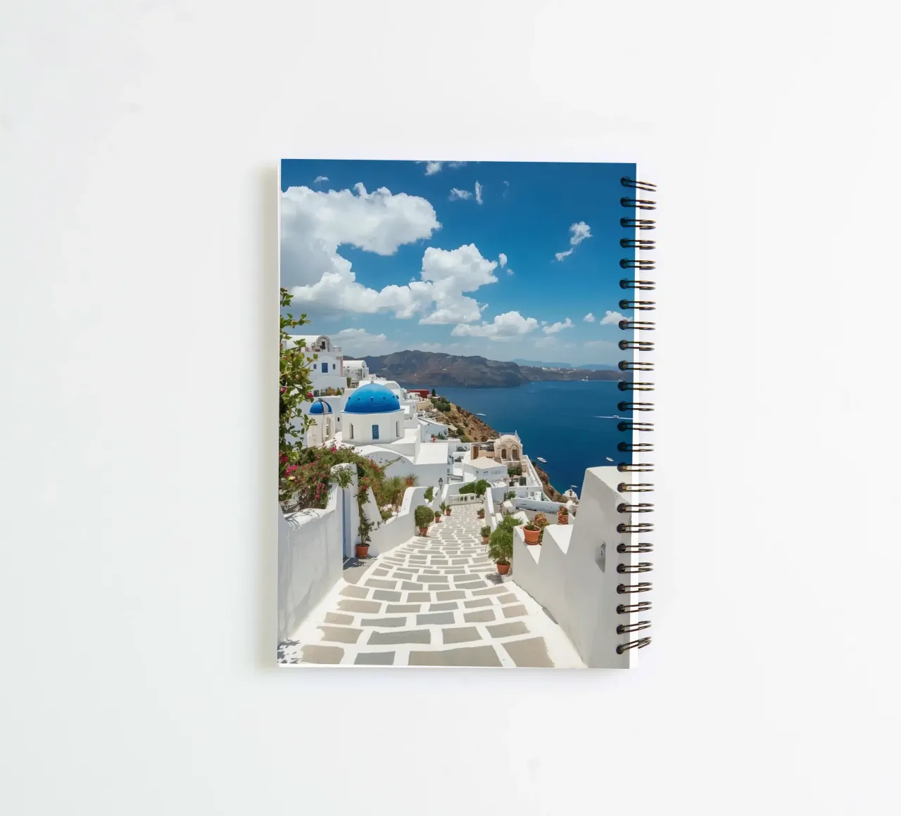 Whitewashed Buildings and Stone Pathway in Santorini spiral notebook by DesignDoodle