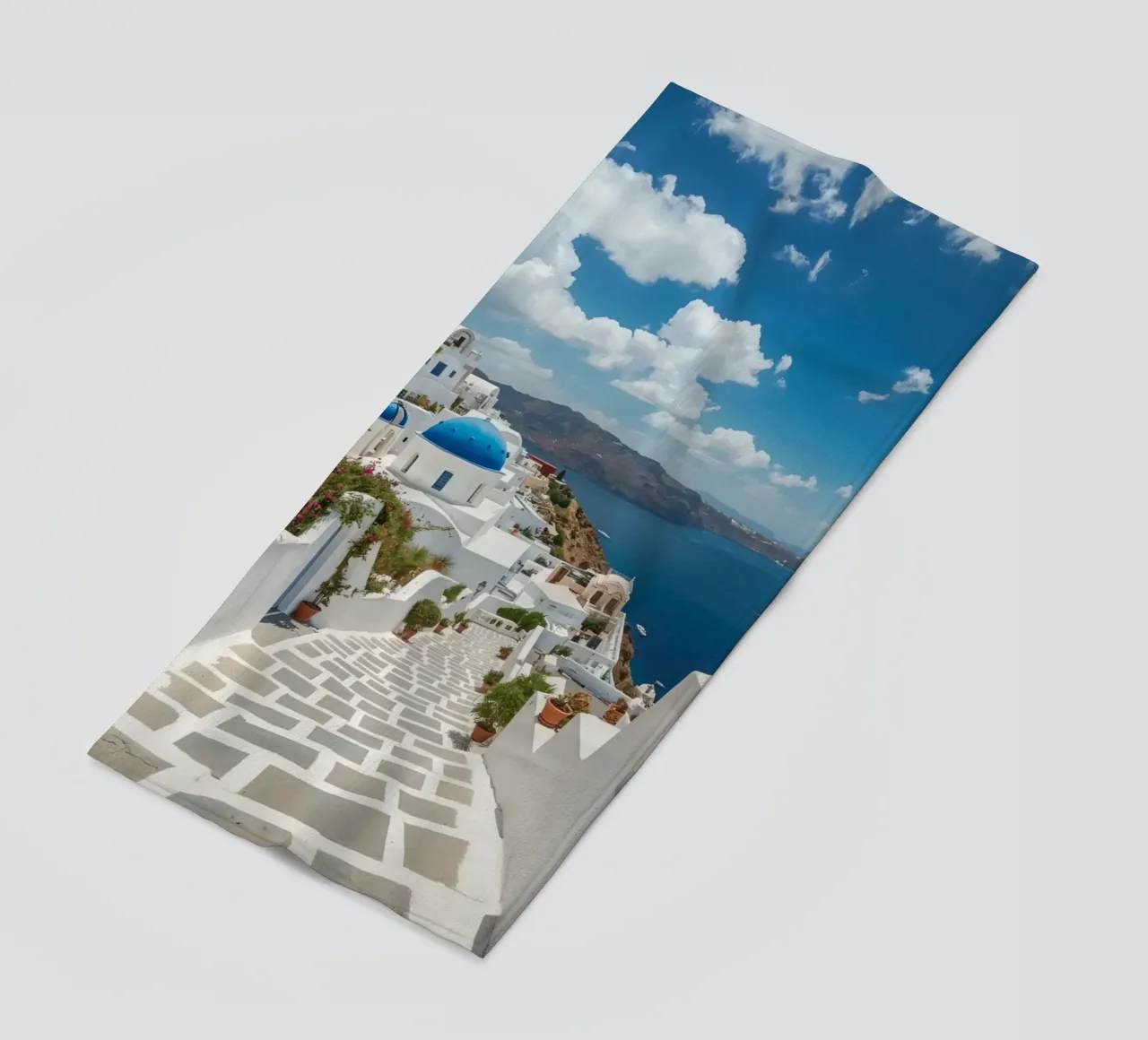 Whitewashed Buildings and Stone Pathway in Santorini beach towel by DesignDoodle