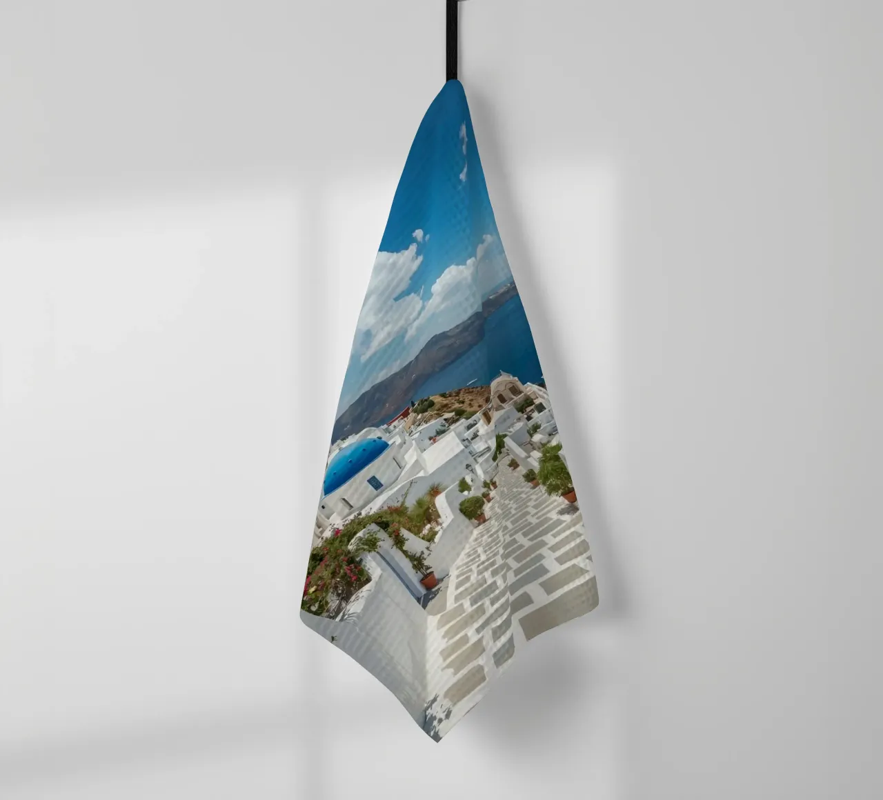 Whitewashed Buildings and Stone Pathway in Santorini tea towel by DesignDoodle