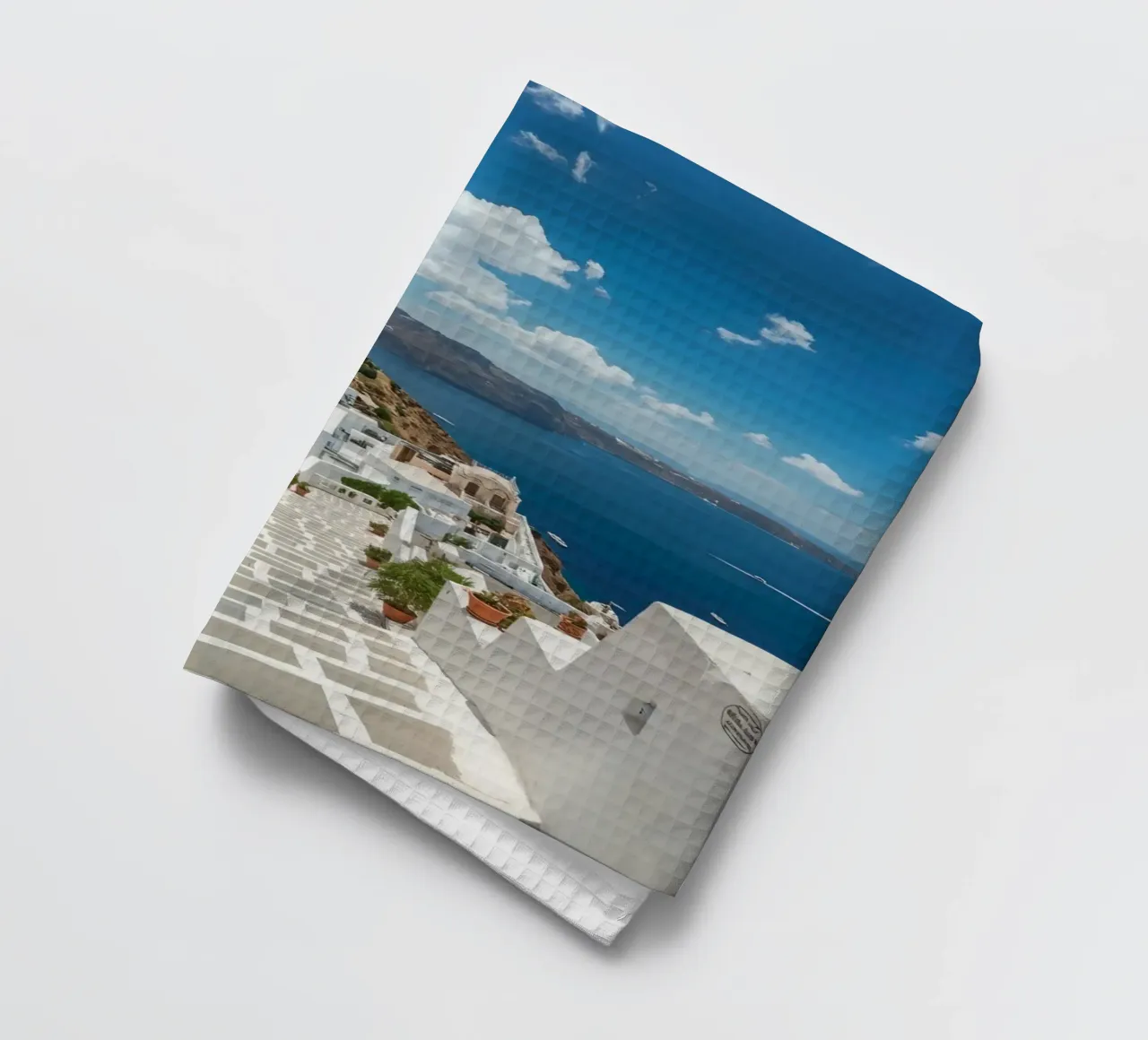 Whitewashed Buildings and Stone Pathway in Santorini tea towel by DesignDoodle
