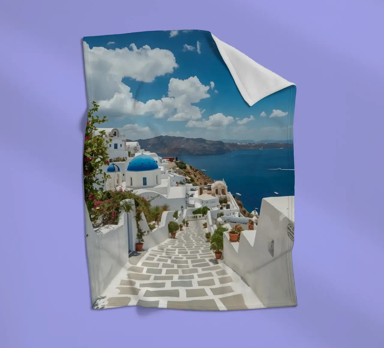 Whitewashed Buildings and Stone Pathway in Santorini fleece blanket by DesignDoodle