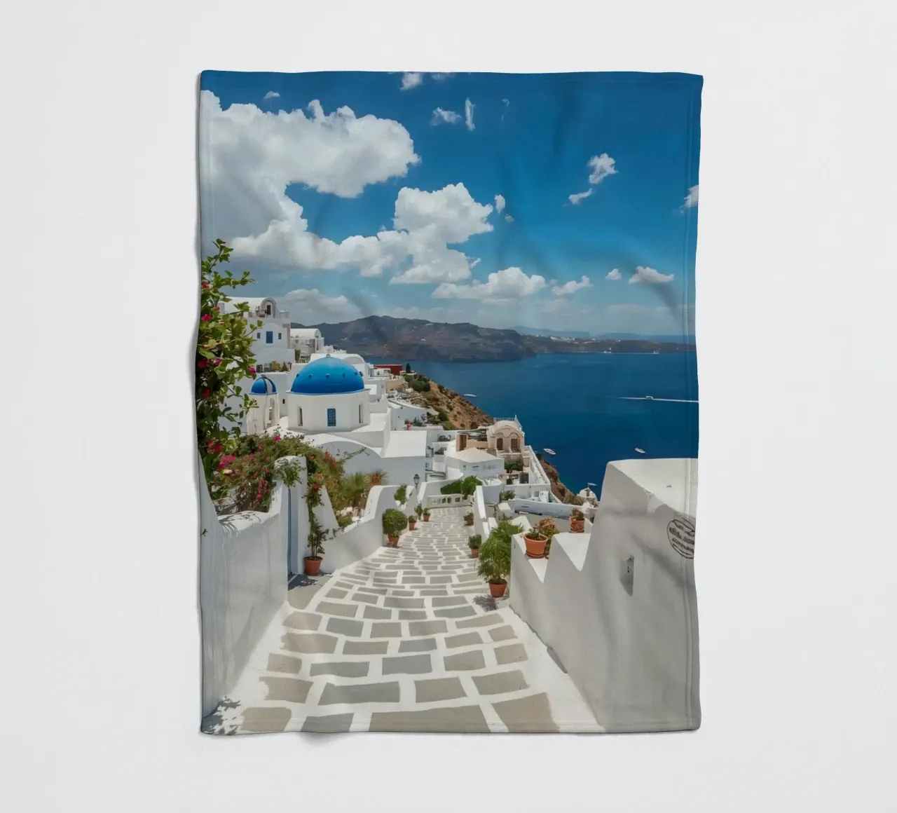 Whitewashed Buildings and Stone Pathway in Santorini fleece blanket by DesignDoodle