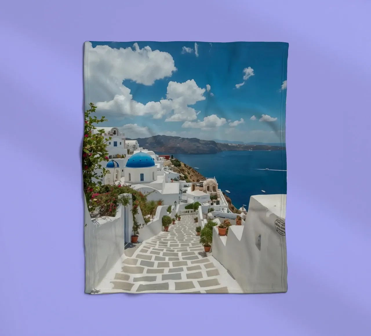 Whitewashed Buildings and Stone Pathway in Santorini fleece blanket by DesignDoodle