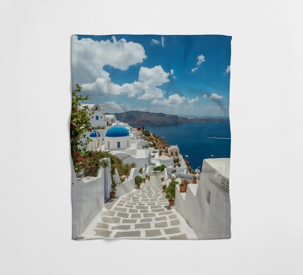 Whitewashed Buildings and Stone Pathway in Santorini fleece blanket by DesignDoodle