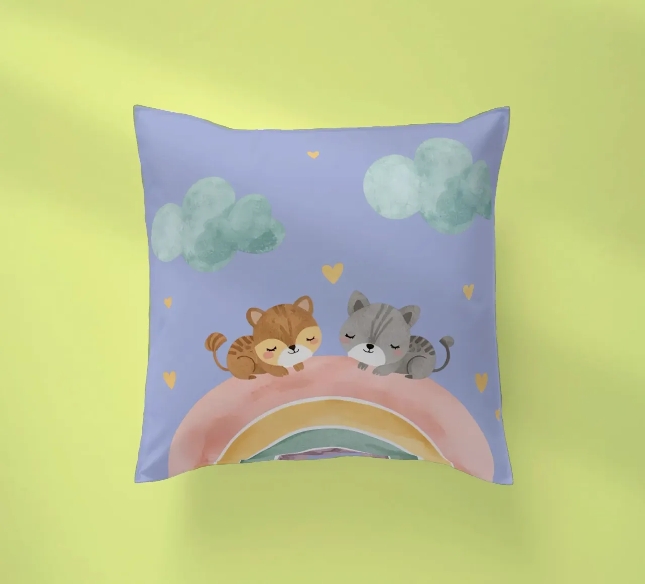 Due simpatici gatti felici che dormono su un arcobaleno cuscino da DesignDoodle