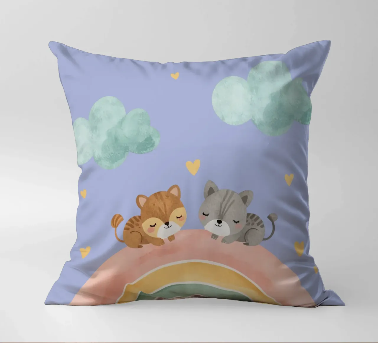 Due simpatici gatti felici che dormono su un arcobaleno cuscino da DesignDoodle