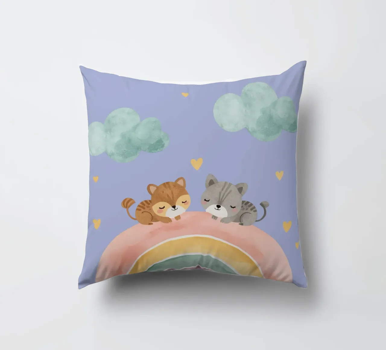 Due simpatici gatti felici che dormono su un arcobaleno cuscino da DesignDoodle