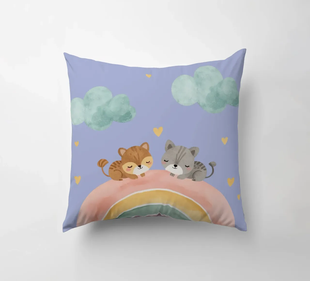 Due simpatici gatti felici che dormono su un arcobaleno cuscino da DesignDoodle