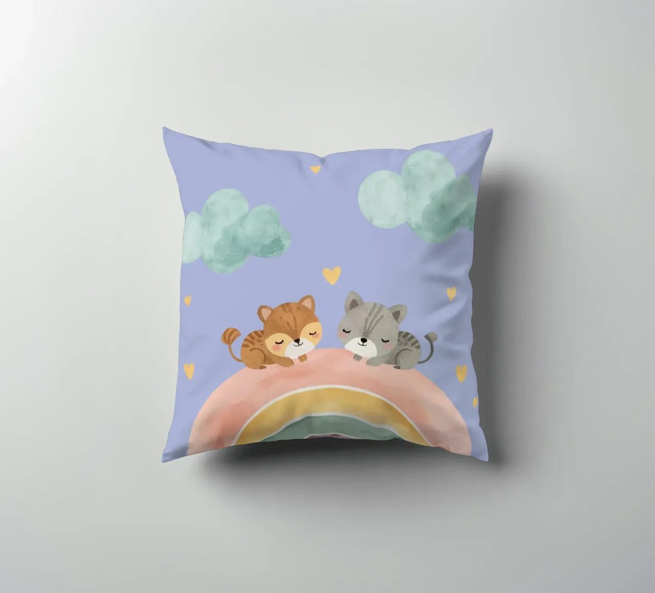 Due simpatici gatti felici che dormono su un arcobaleno cuscino da DesignDoodle