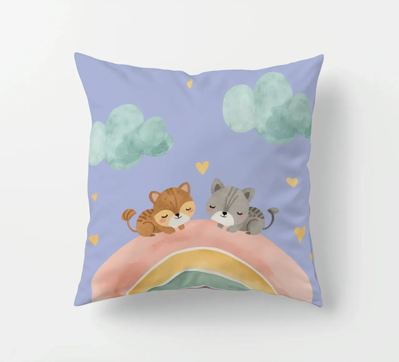 Due simpatici gatti felici che dormono su un arcobaleno cuscino da DesignDoodle