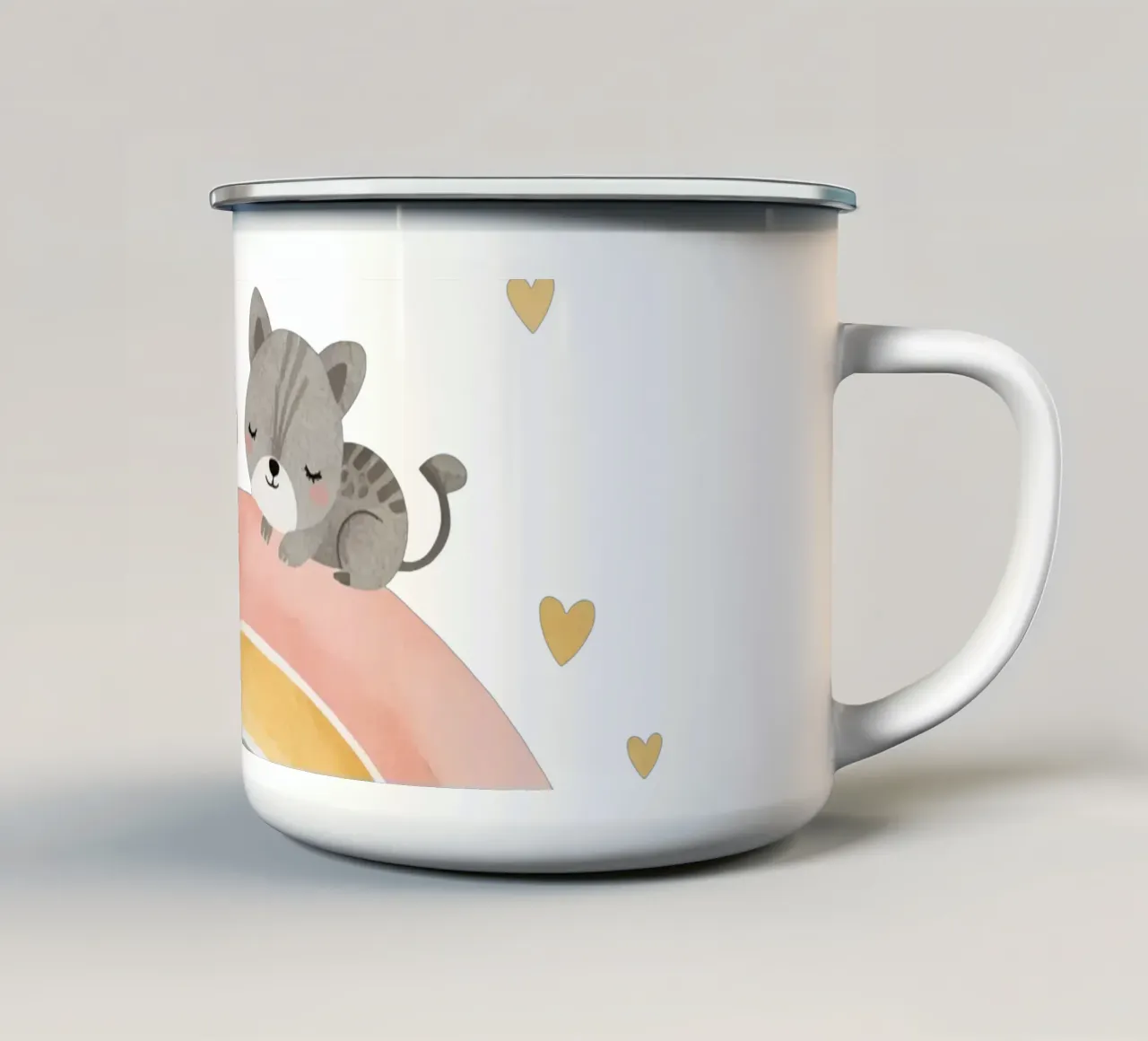 Due simpatici gatti felici che dormono su un arcobaleno tazza in smalto da DesignDoodle