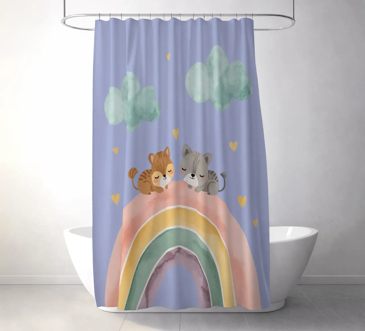 Due simpatici gatti felici che dormono su un arcobaleno tenda da doccia da DesignDoodle