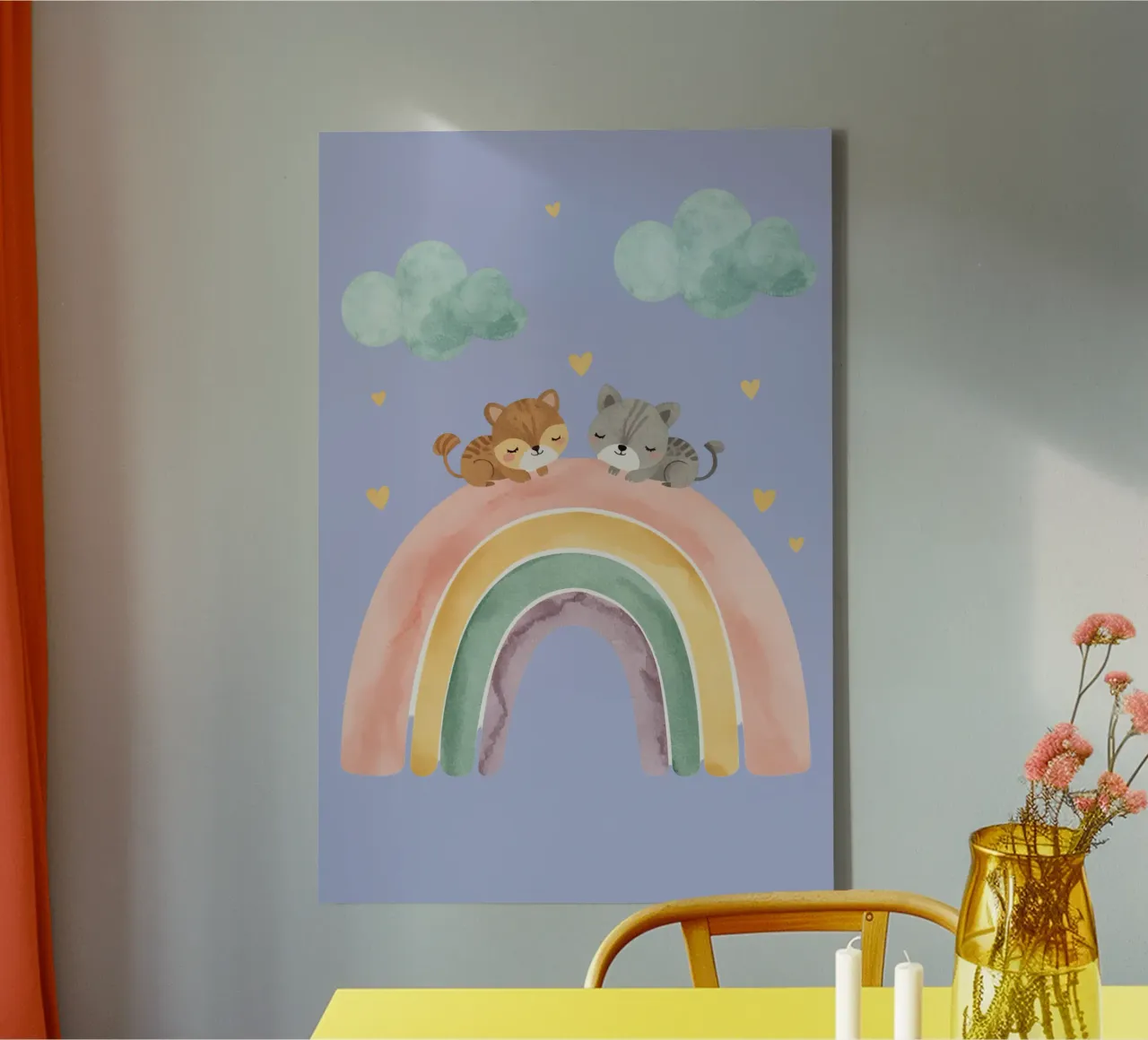 Due simpatici gatti felici che dormono su un arcobaleno tela da DesignDoodle