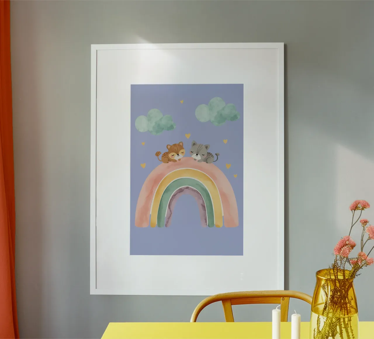 Zwei niedliche glückliche Katzen schlafen auf einem Regenbogen Hahnemühle von DesignDoodle