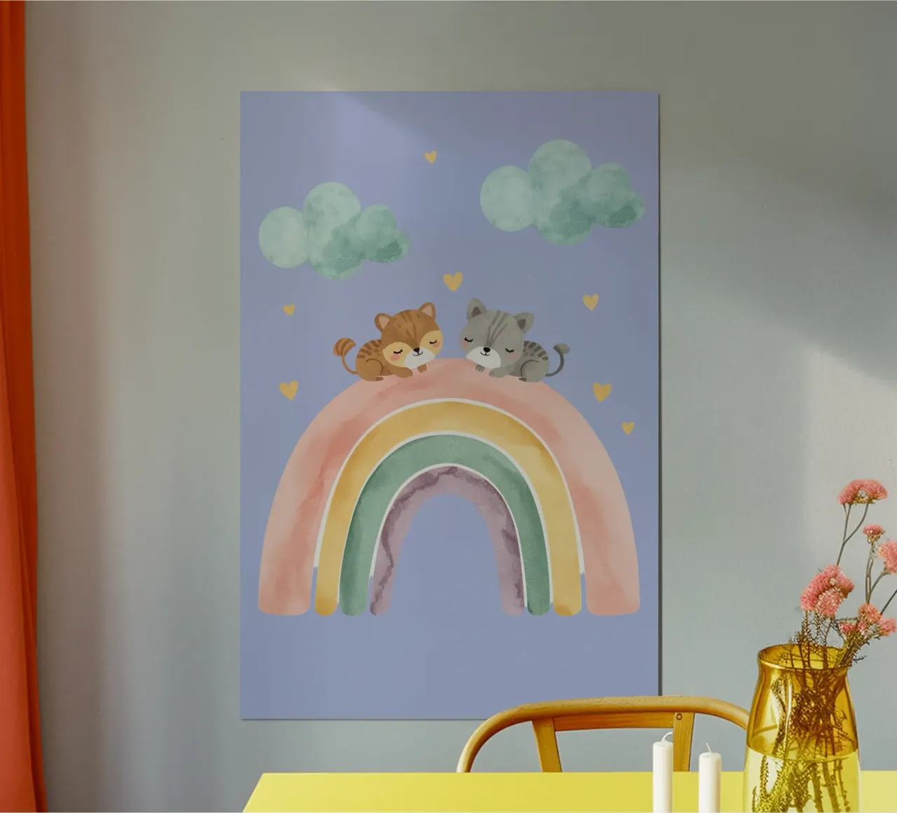 Zwei niedliche glückliche Katzen schlafen auf einem Regenbogen Hahnemühle von DesignDoodle