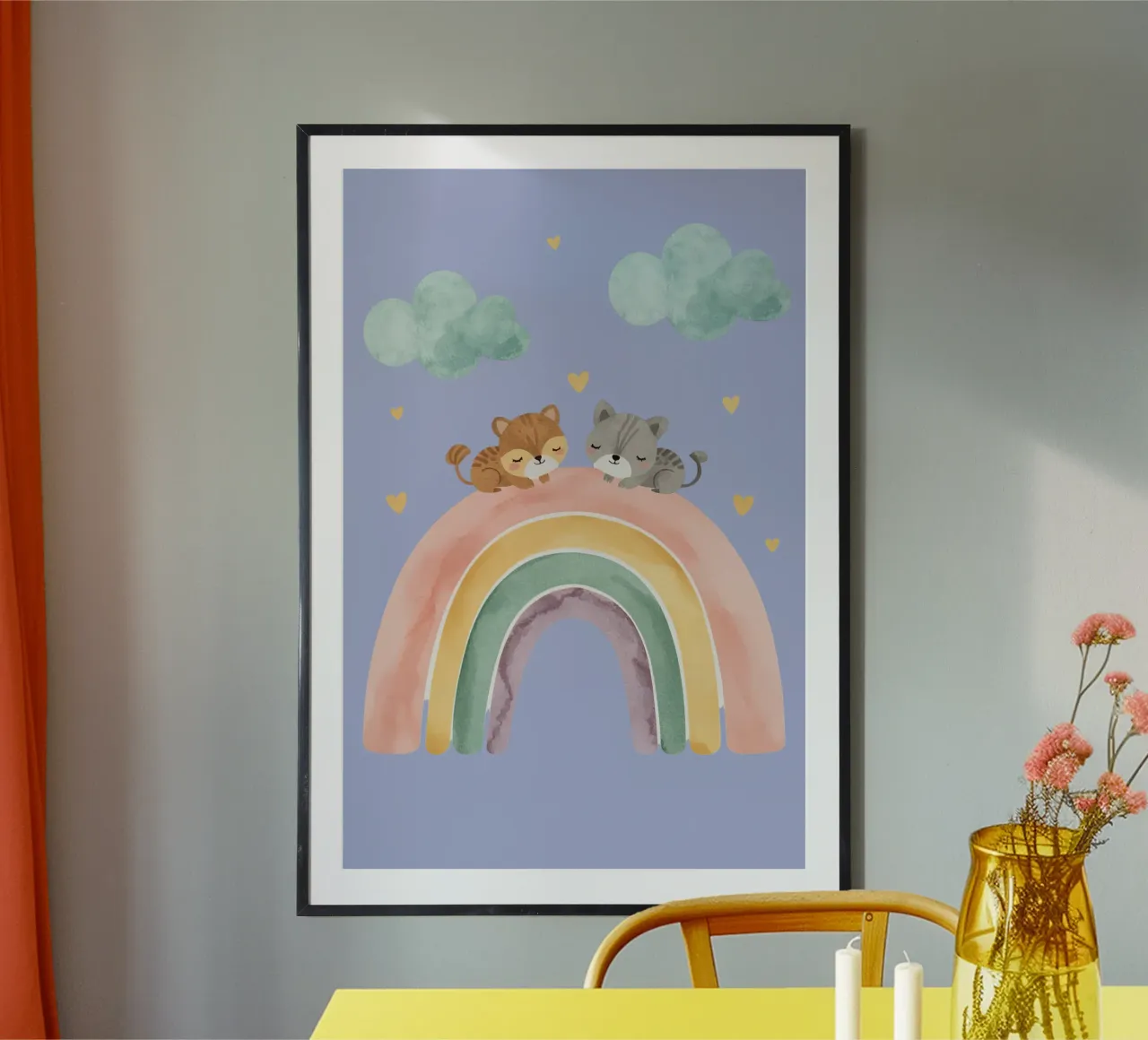 Zwei niedliche glückliche Katzen schlafen auf einem Regenbogen Hahnemühle von DesignDoodle