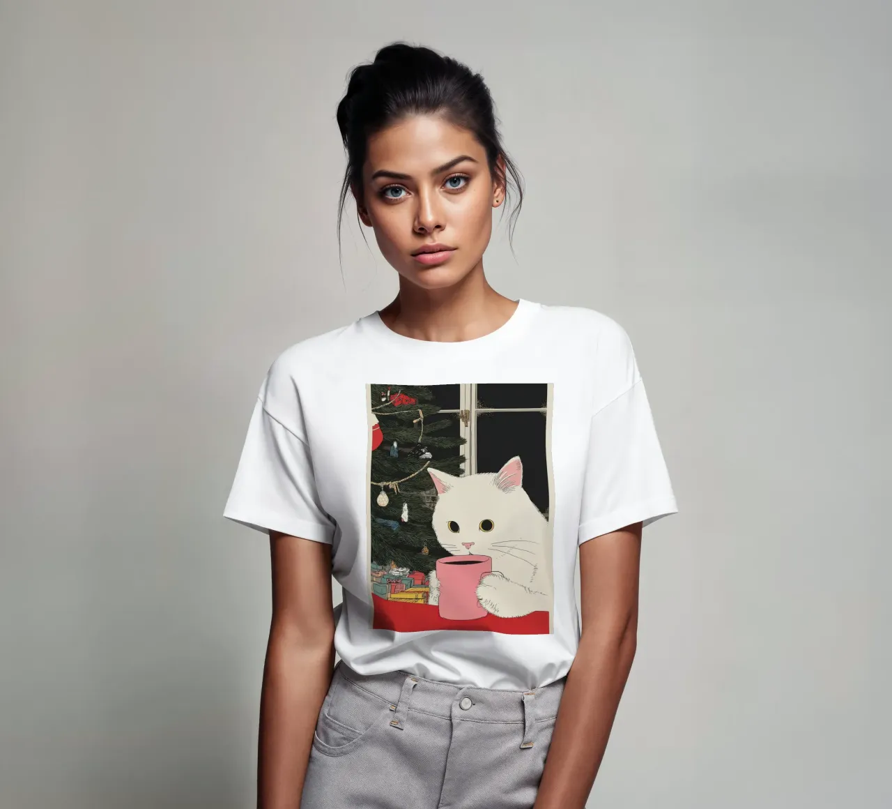 Ist das Glühwein? Weiße Katze & Wein in Kaffeetasse | Weihnachten T-Shirt von Kaji