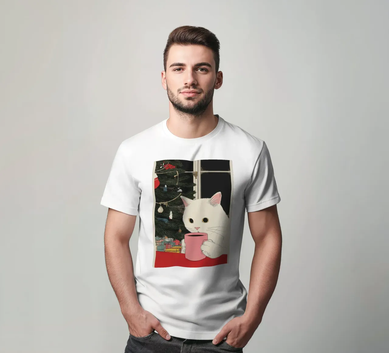 Ist das Glühwein? Weiße Katze & Wein in Kaffeetasse | Weihnachten T-Shirt von Kaji