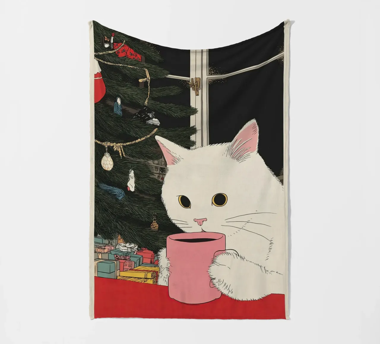 Questo è vino caldo? Gatto bianco e vino in tazza da caffè | Natale coperta in pile da Kaji