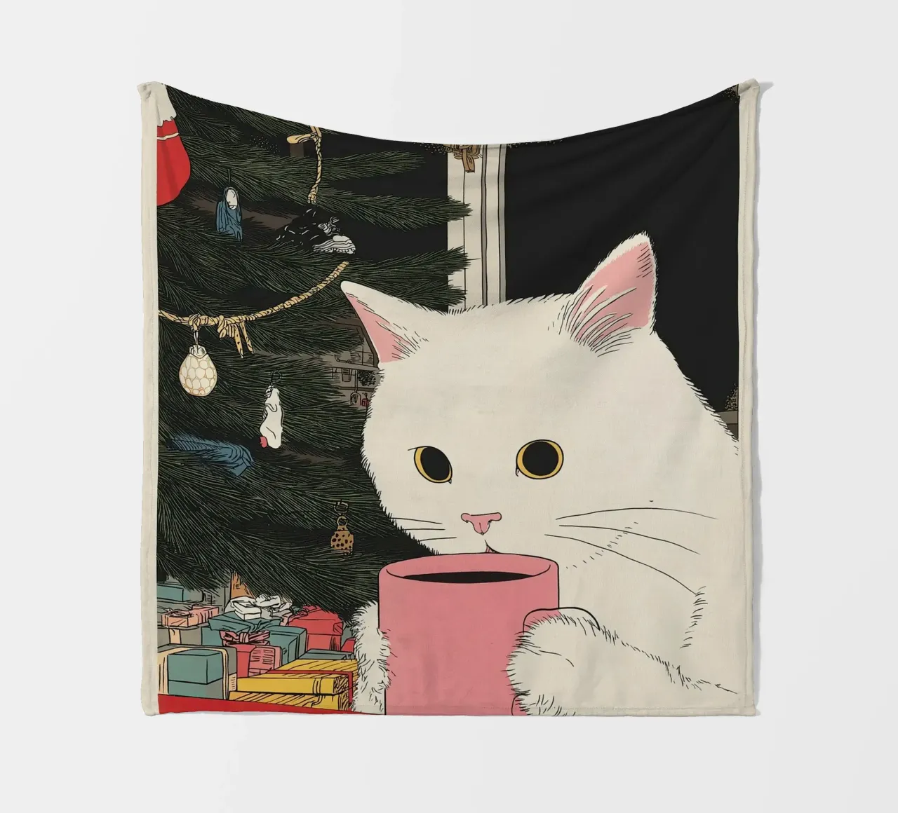 Questo è vino caldo? Gatto bianco e vino in tazza da caffè | Natale coperta in pile da Kaji