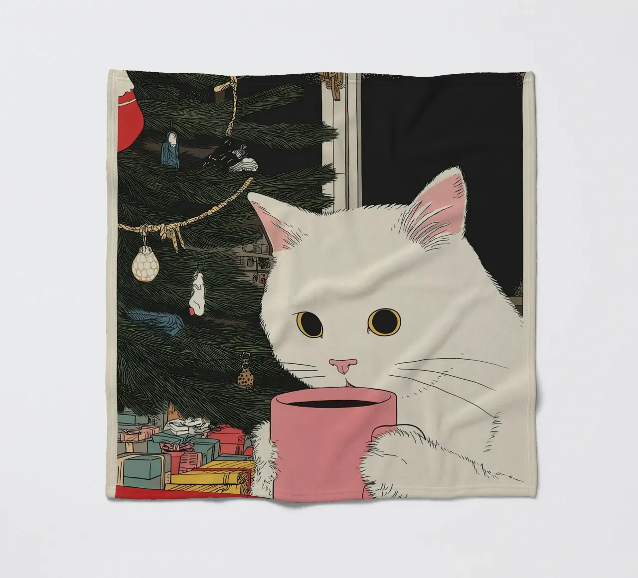 Questo è vino caldo? Gatto bianco e vino in tazza da caffè | Natale coperta in pile da Kaji