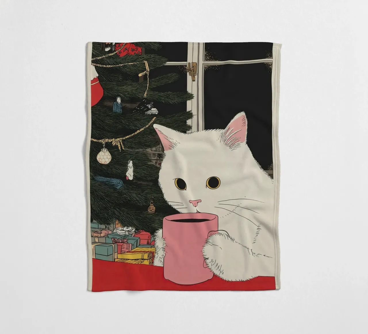 Questo è vino caldo? Gatto bianco e vino in tazza da caffè | Natale coperta in pile da Kaji