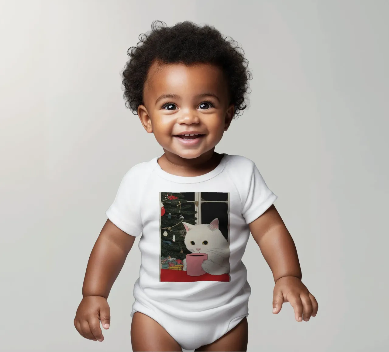 Ist das Glühwein? Weiße Katze & Wein in Kaffeetasse | Weihnachten Kurzarm Babybody von Kaji