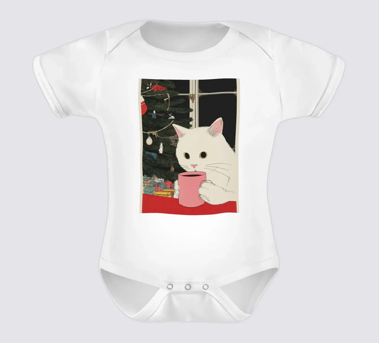 Ist das Glühwein? Weiße Katze & Wein in Kaffeetasse | Weihnachten Kurzarm Babybody von Kaji
